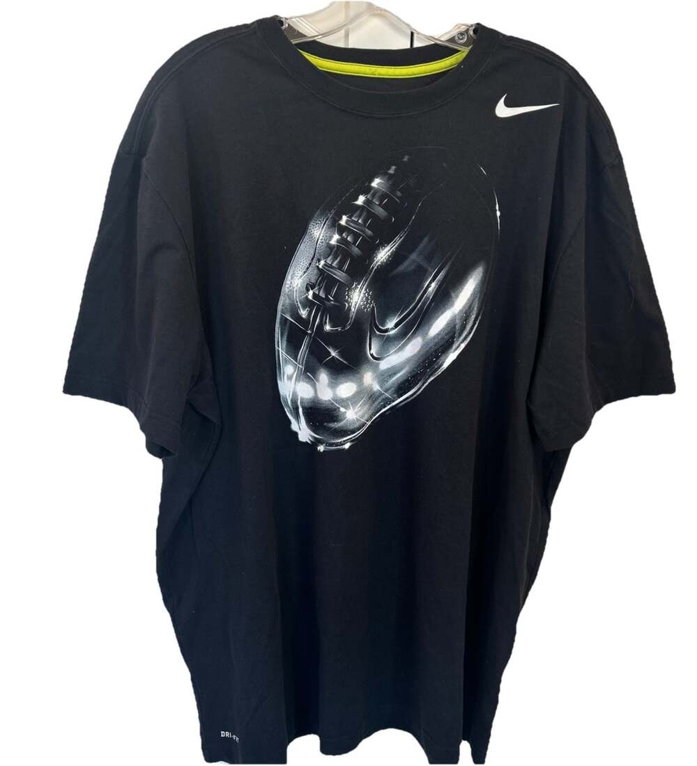 NIKE Dri-Fit Football Graphic Men's 2XL Black Swoosh Logo Short Sleeve